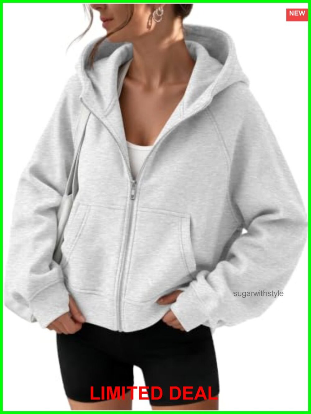 Womens Zip Up Hoodie Fleece Jacket Oversized Sweatshirt Thumb Hole Cropped